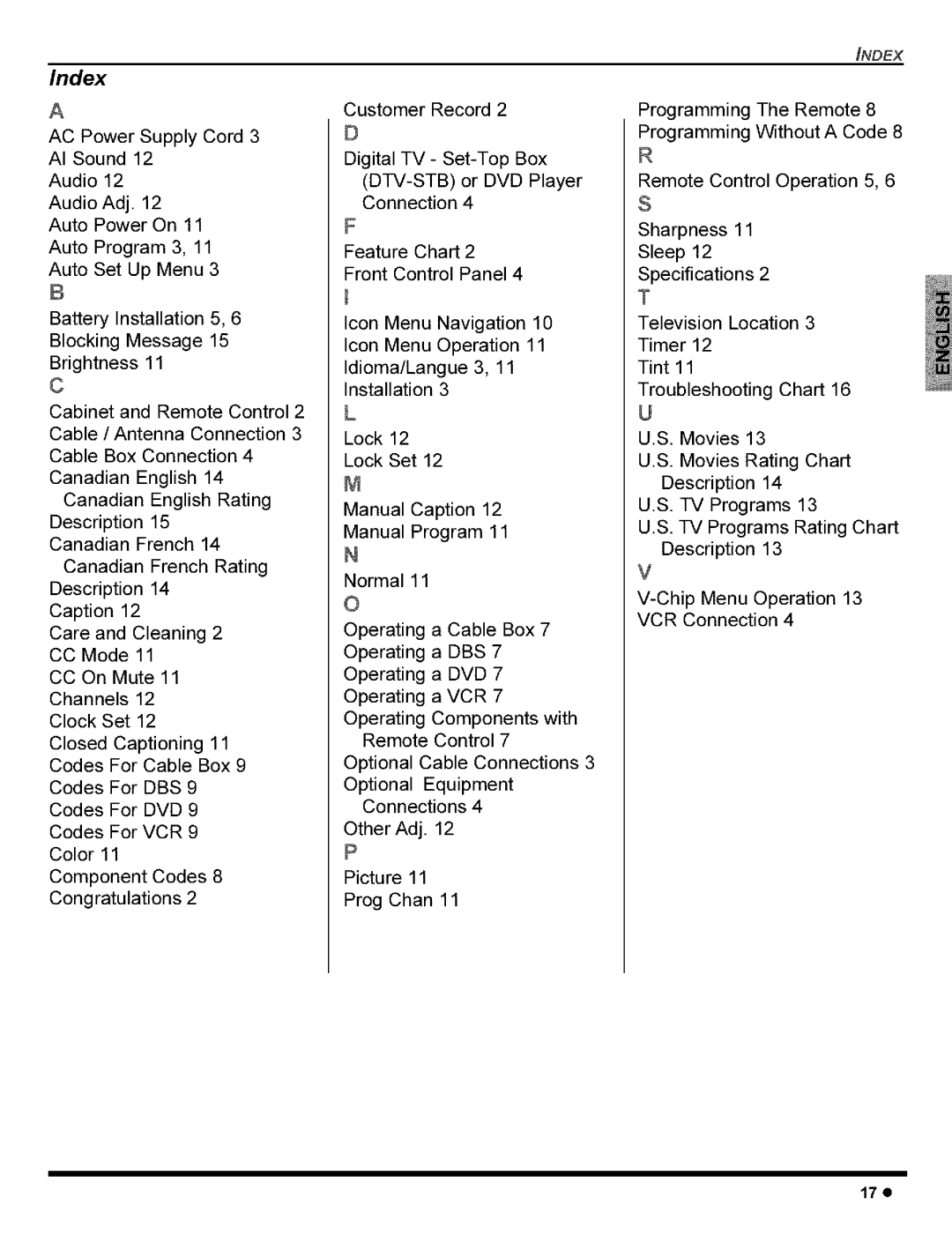 Panasonic CT-27C8, CT-36G8, CT-32C8, CT-32G8, CT-27G8 manual Index, 17e 