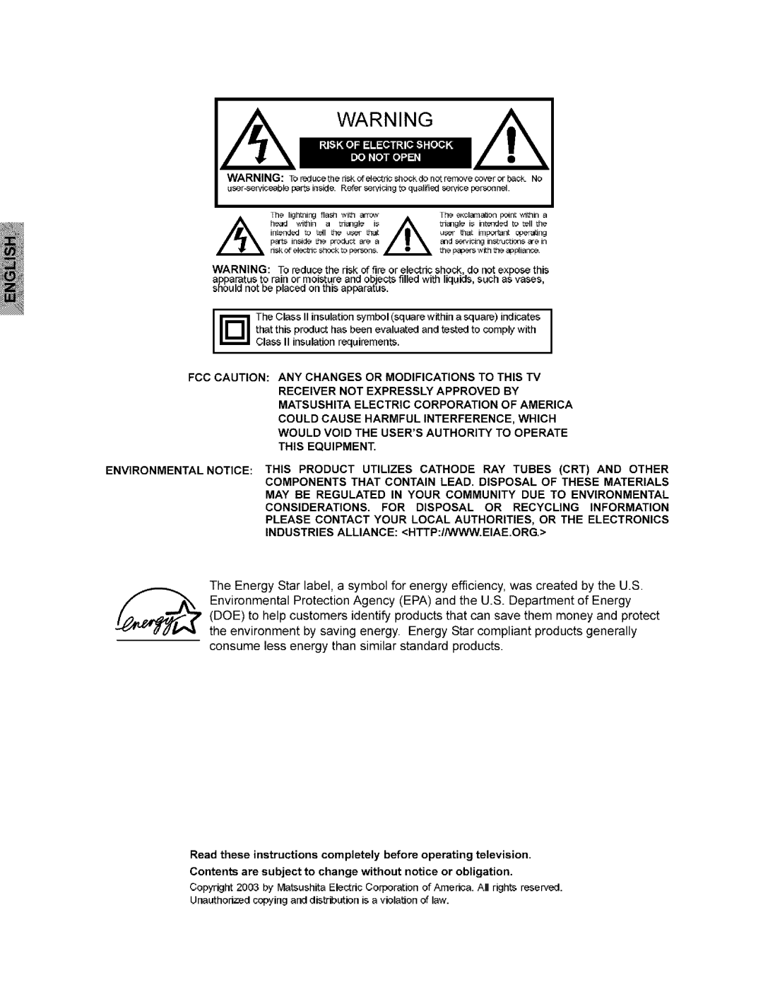 Panasonic CT-32G8, CT-36G8, CT-32C8, CT-27G8, CT-27C8 manual FCC Caution ANY Changes or Modifications to this TV 