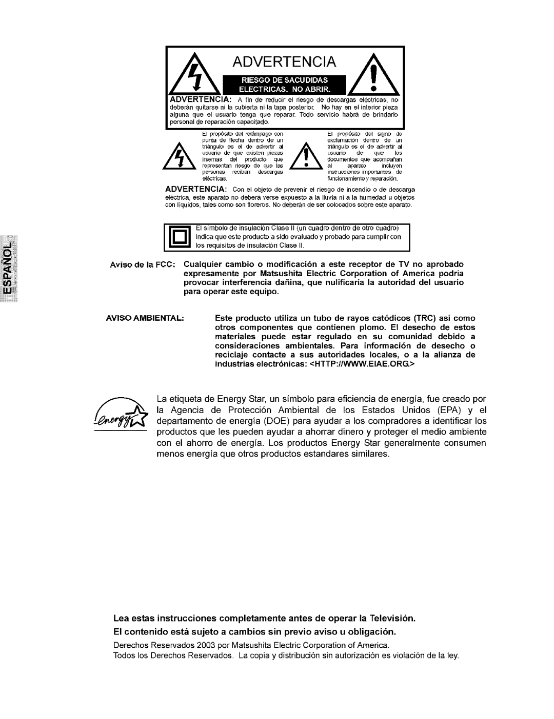 Panasonic CT-36G8, CT-32C8, CT-32G8, CT-27G8, CT-27C8 manual Ii!i!i!!ii!i, AVI,O Ambiental 