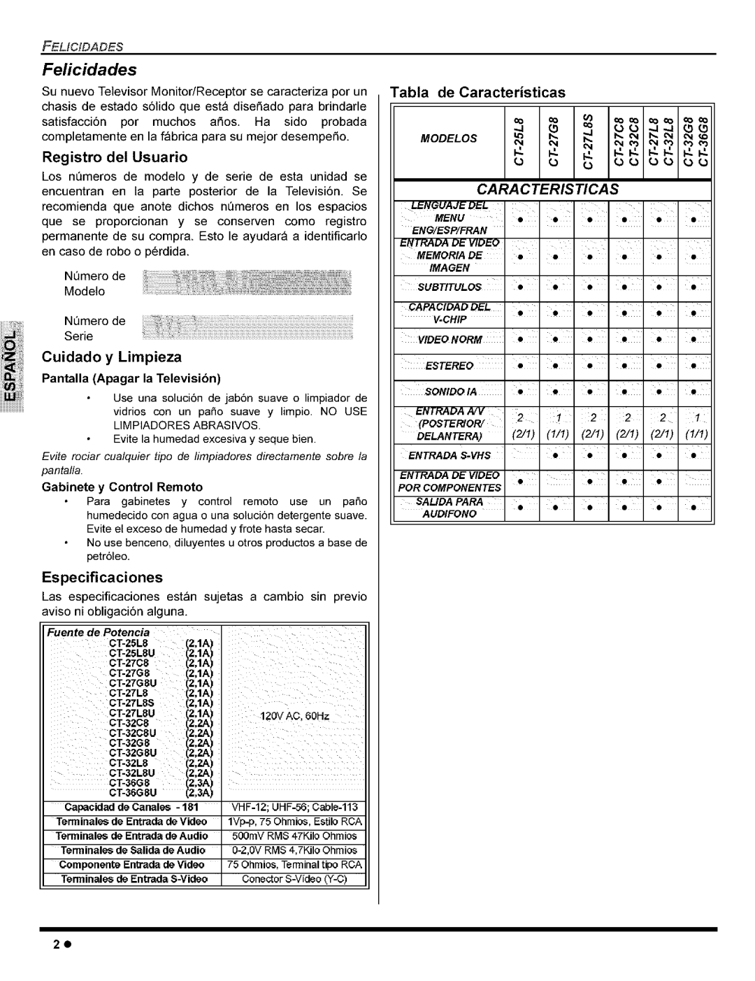 Panasonic CT-32G8, CT-36G8, CT-32C8, CT-27G8, CT-27C8 manual Felicidades, Especificaciones, Tabla de Caracteristicas, Serie 