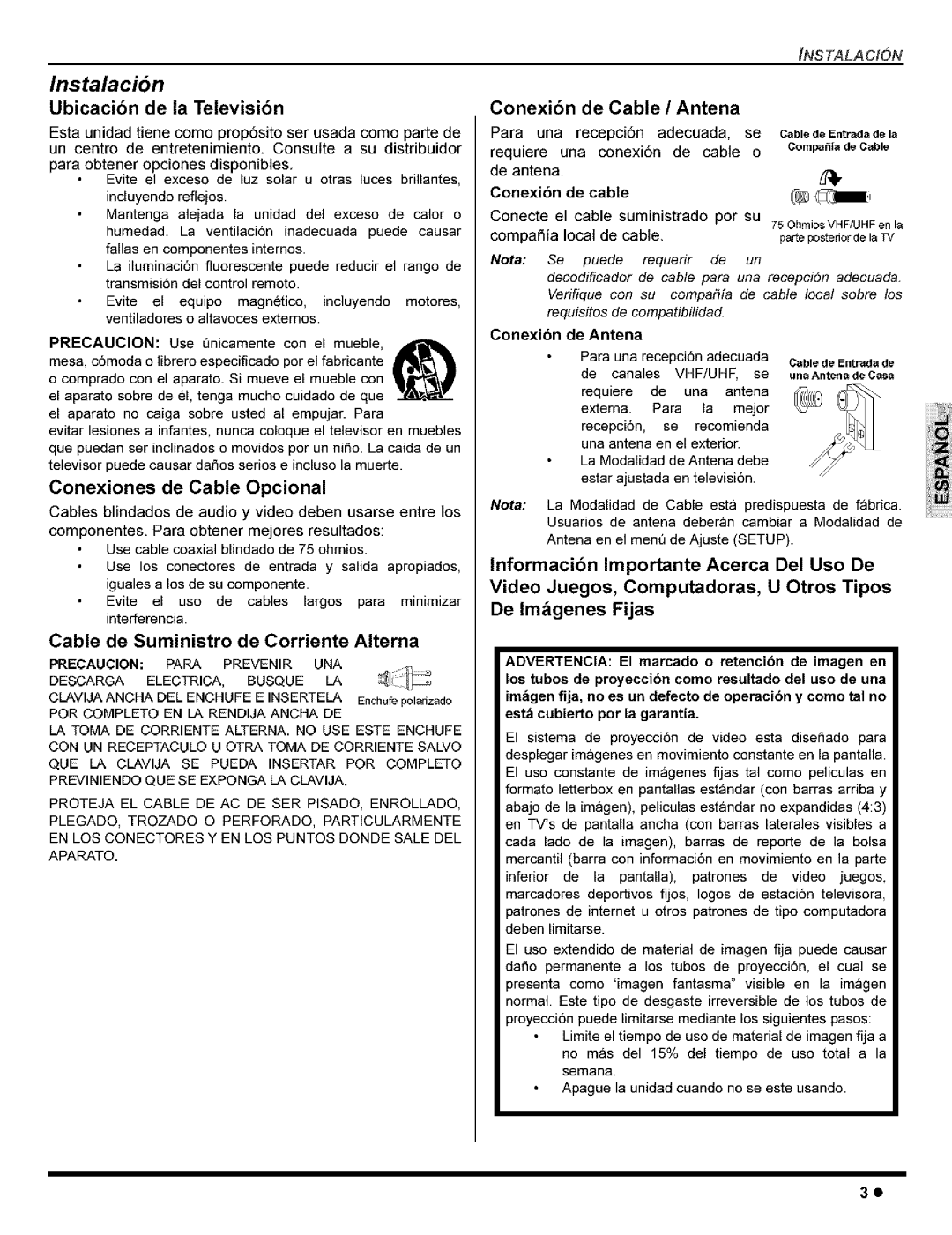 Panasonic CT-27G8 manual Instalaci6n, Ubicacibn de la Televisi6n, Conexiones de Cable Opcional, Conexi6n de Cable / Antena 