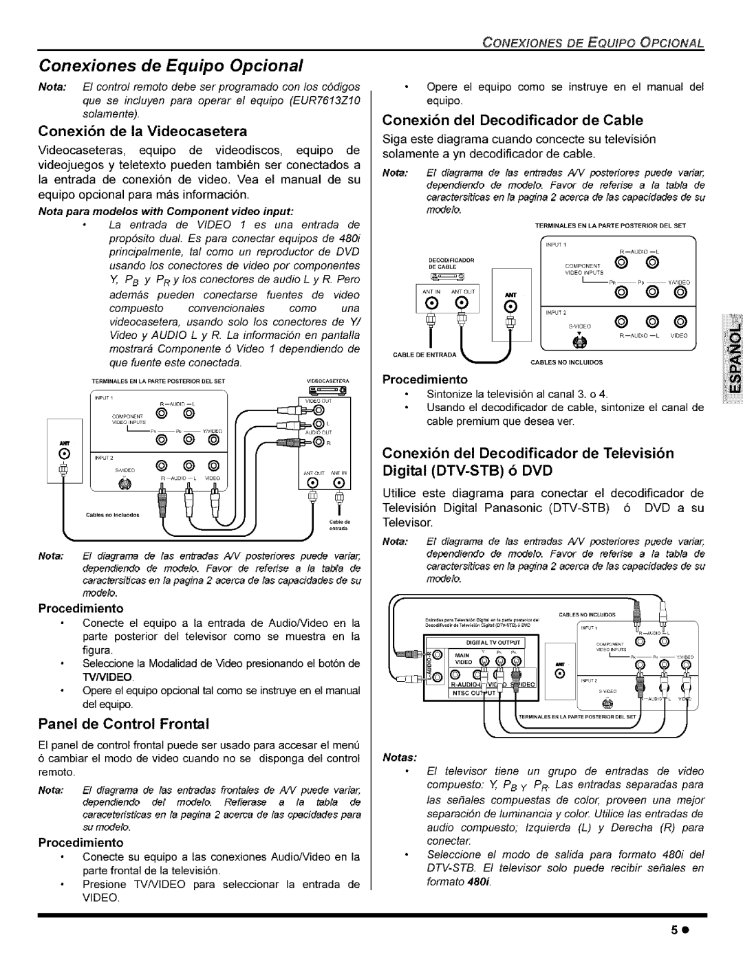 Panasonic CT-36G8, CT-32C8, CT-32G8 Conexiones de Equipo Opcional, Conexi6n de la Videocasetera, Panel de Control Frontal 