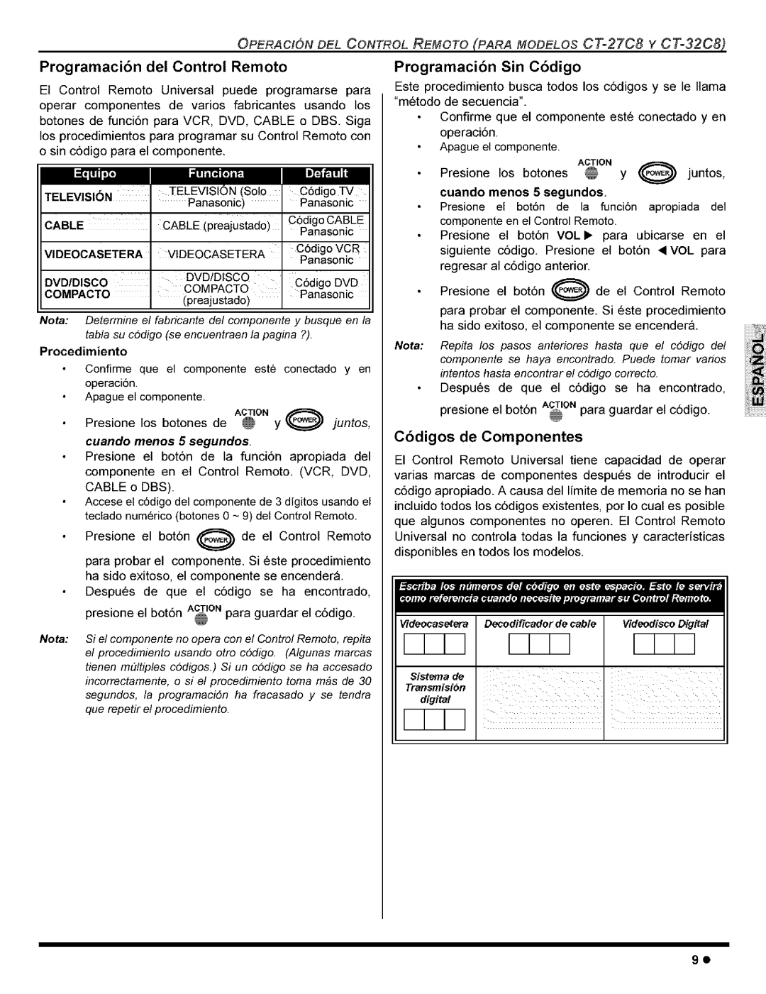 Panasonic CT-27C8, CT-36G8 Programacibn del Control Remoto, Programaci6n Sin C6digo, C6digos de Componentes, Television 