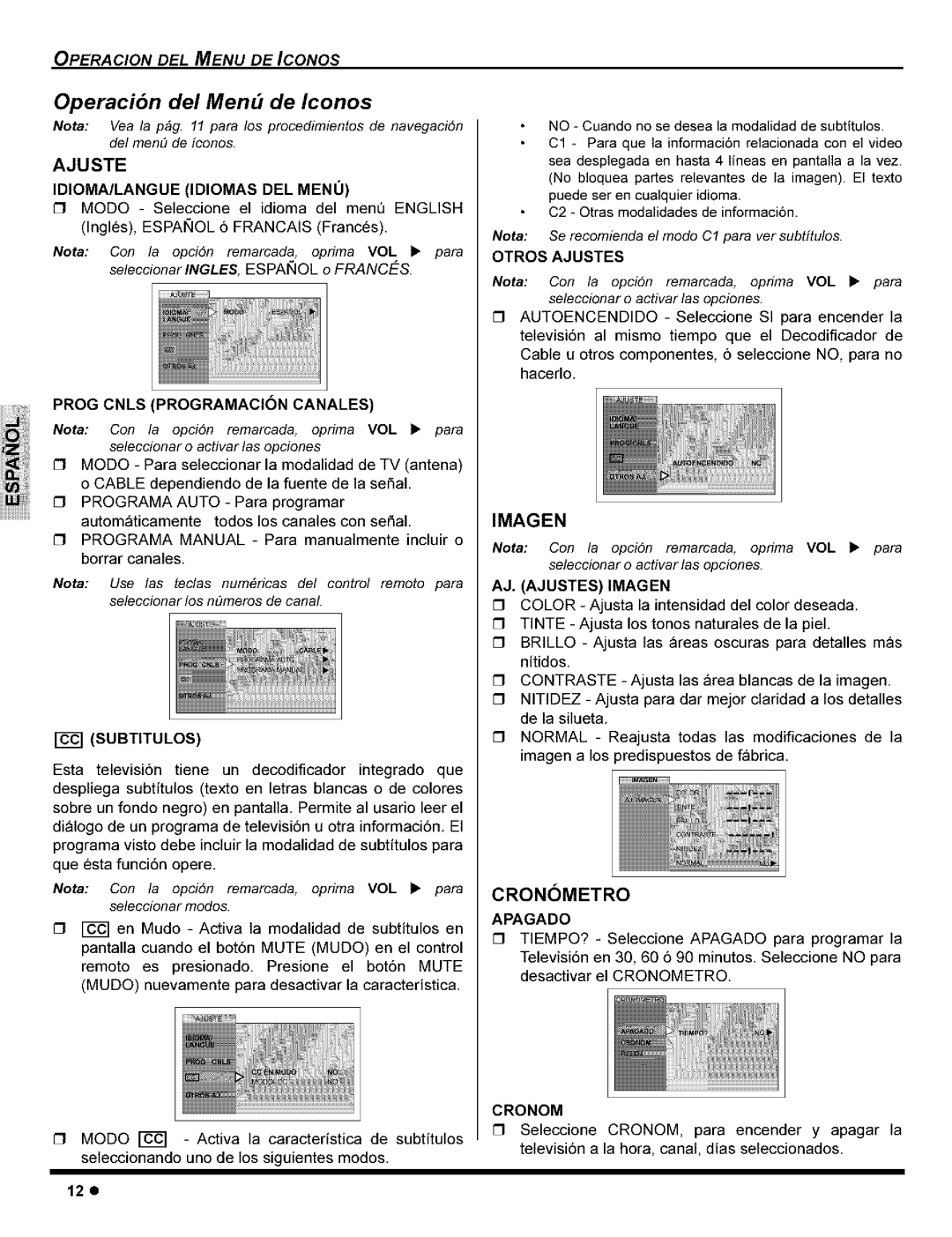 Panasonic CT-32G8, CT-36G8, CT-32C8, CT-27G8 manual Operaci6n del Menu de Iconos, Prog Cnls Programacion Canales, Subtitulos 