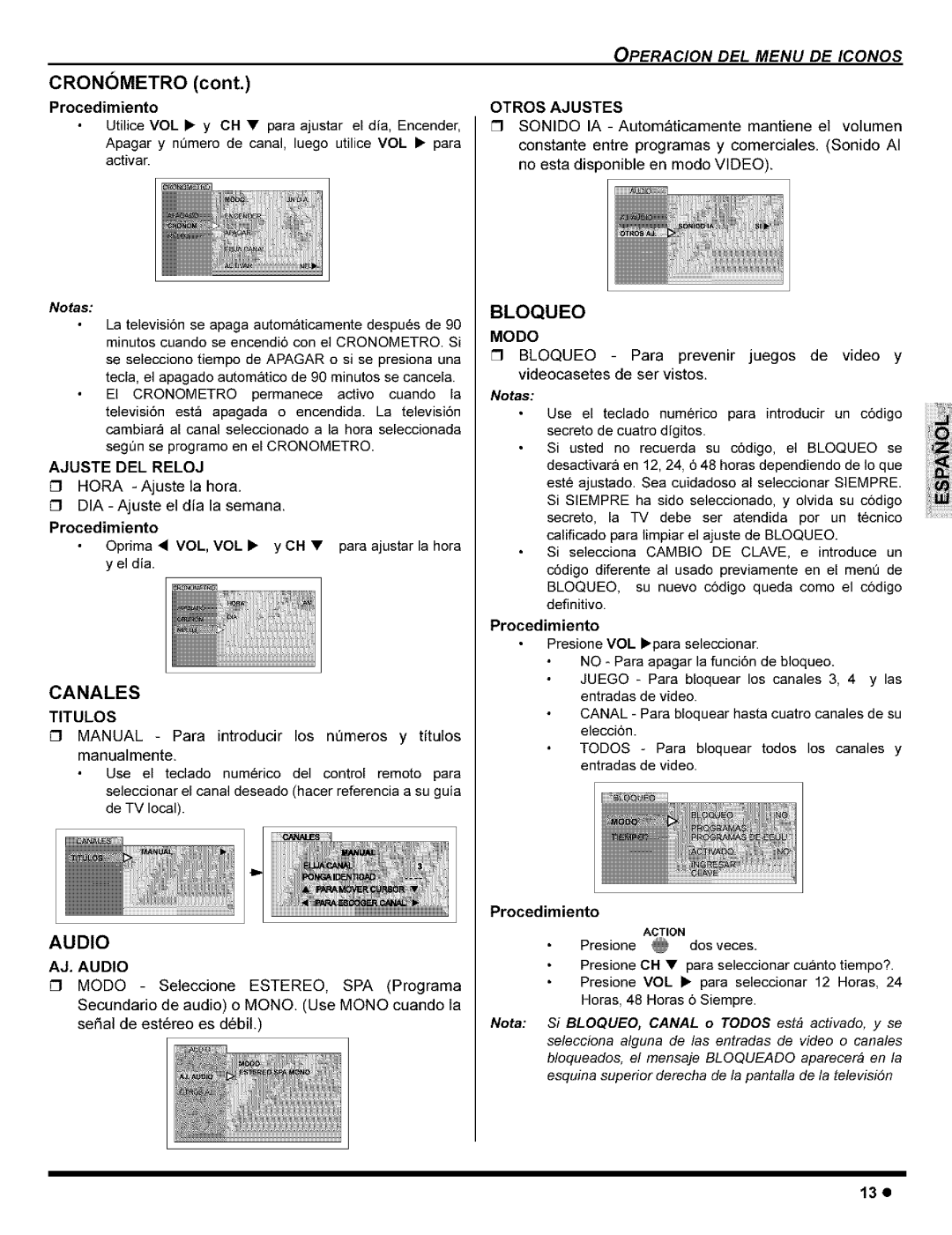 Panasonic CT-27G8, CT-36G8, CT-32C8, CT-32G8, CT-27C8 manual Cronometro, Ajuste DEL Reloj, Otros Ajustes, Titulos, Modo 