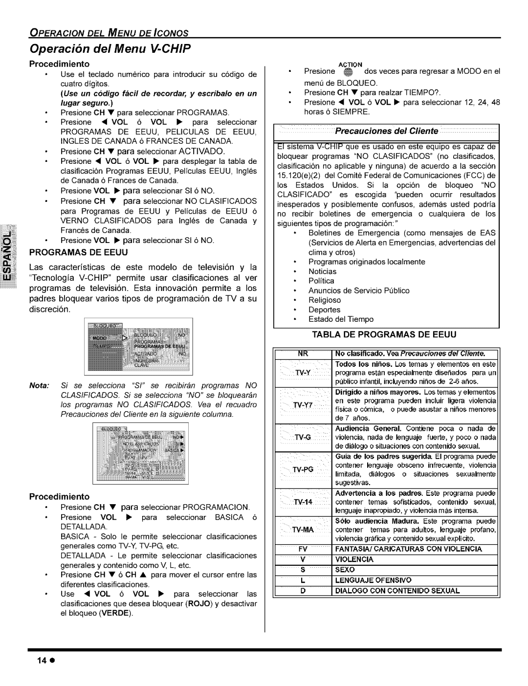 Panasonic CT-27C8, CT-36G8, CT-32C8, CT-32G8 manual Operaci6n del Menu V-CHIP, Discreci6n, Action, Tabla DE Programas DE Eeuu 