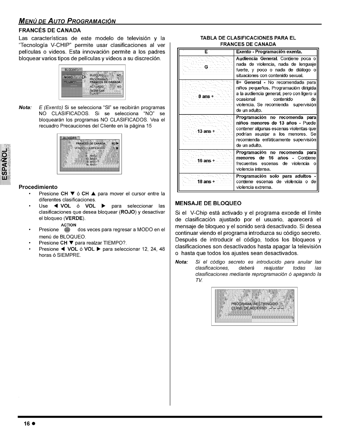 Panasonic CT-32C8, CT-36G8 manual FRANCleS DE Canada, Mensaje DE Bloqueo, Tabla DE Clasificaciones Para EL Frances DE Canada 