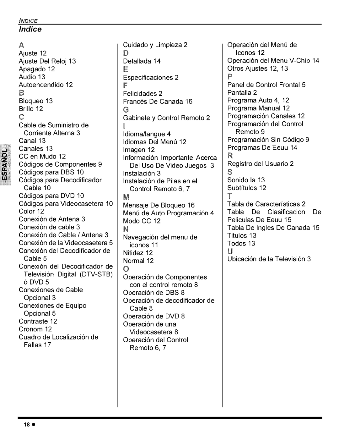 Panasonic CT-27G8, CT-36G8, CT-32C8, CT-32G8, CT-27C8 manual Indice, 18e 