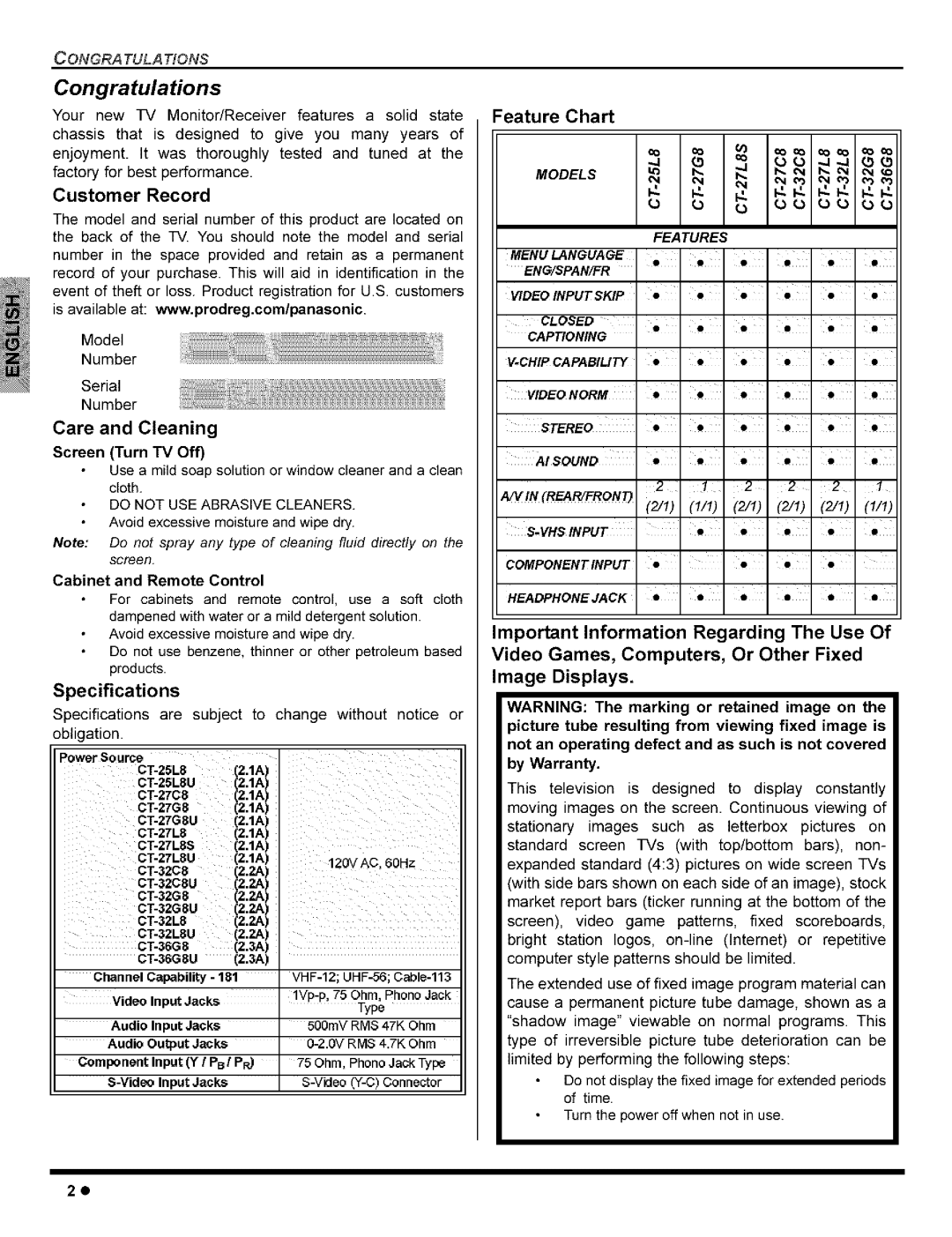 Panasonic CT-27C8, CT-36G8, CT-32C8, CT-32G8, CT-27G8 manual Congratulations, Care and Cleaning, Feature Chart 