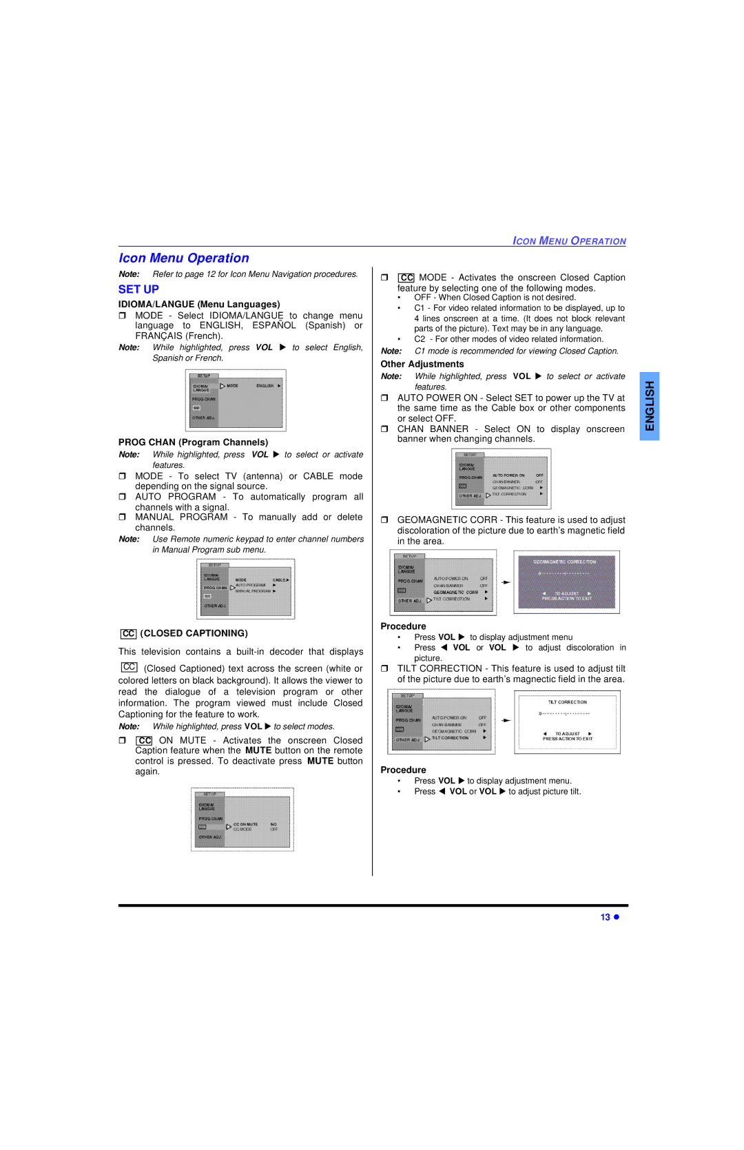 Panasonic CT-32SL13, CT-36SL13, CT-32SC13, CT-36SC13, CT-3653, CT 36SL13 Icon Menu Operation, Set Up, CC Closed Captioning 