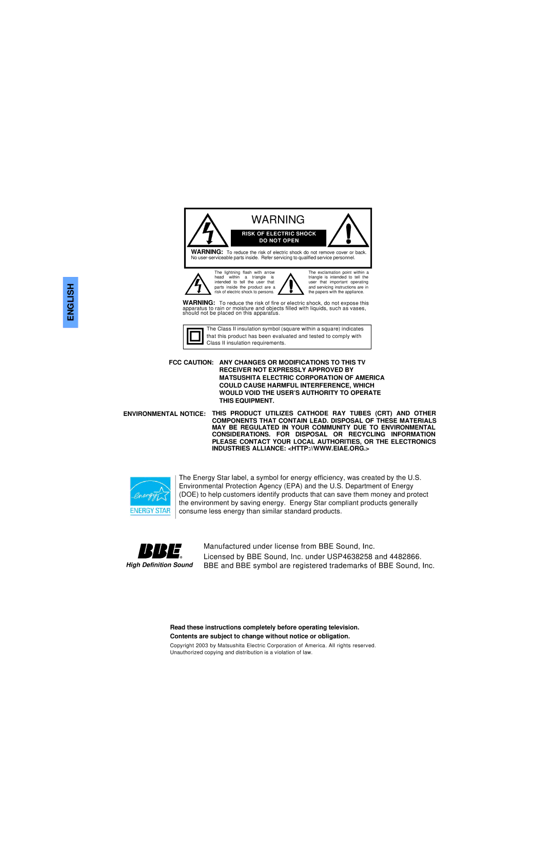 Panasonic CT 32SC13, CT 36SL13, CT 32SL13, CT-32SL13, CT-36SL13, CT-32SC13, CT-36SC13, CT-3653 manuel dutilisation English 