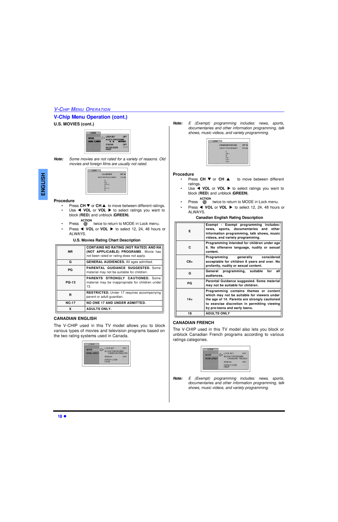 Panasonic CT 36SL13, CT 32SL13, CT 32SC13 Chip Menu Operation, Movies Procedure, Canadian English, Canadian French 