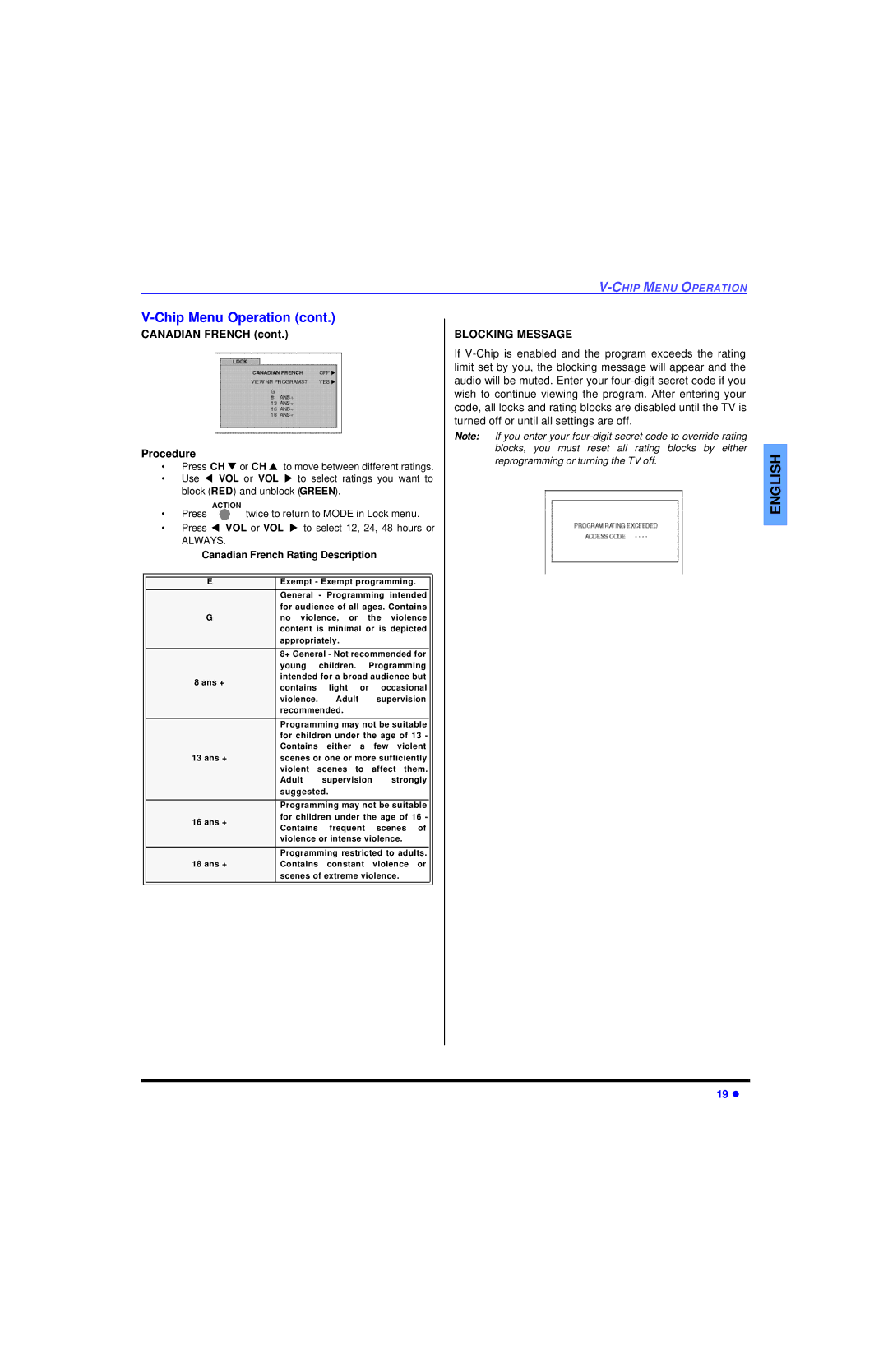 Panasonic CT 32SL13, CT 36SL13, CT 32SC13 manuel dutilisation Canadian French Procedure, Blocking Message 