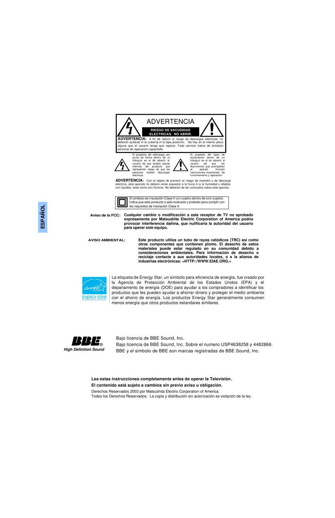 Panasonic CT 32SC13, CT 36SL13, CT 32SL13, CT-32SL13, CT-36SL13, CT-32SC13, CT-36SC13, CT-3653 manuel dutilisation Advertencia 