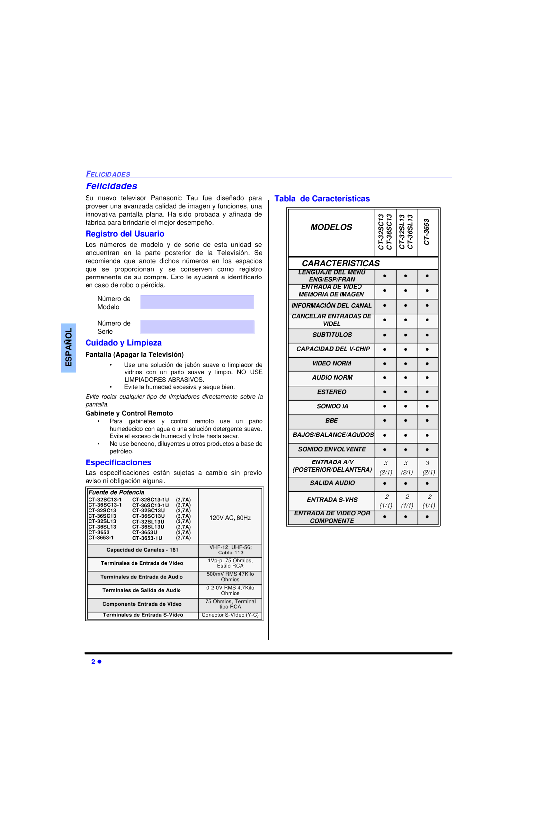 Panasonic CT 36SL13 Felicidades, Registro del Usuario, Tabla de Características, Cuidado y Limpieza, Especificaciones 