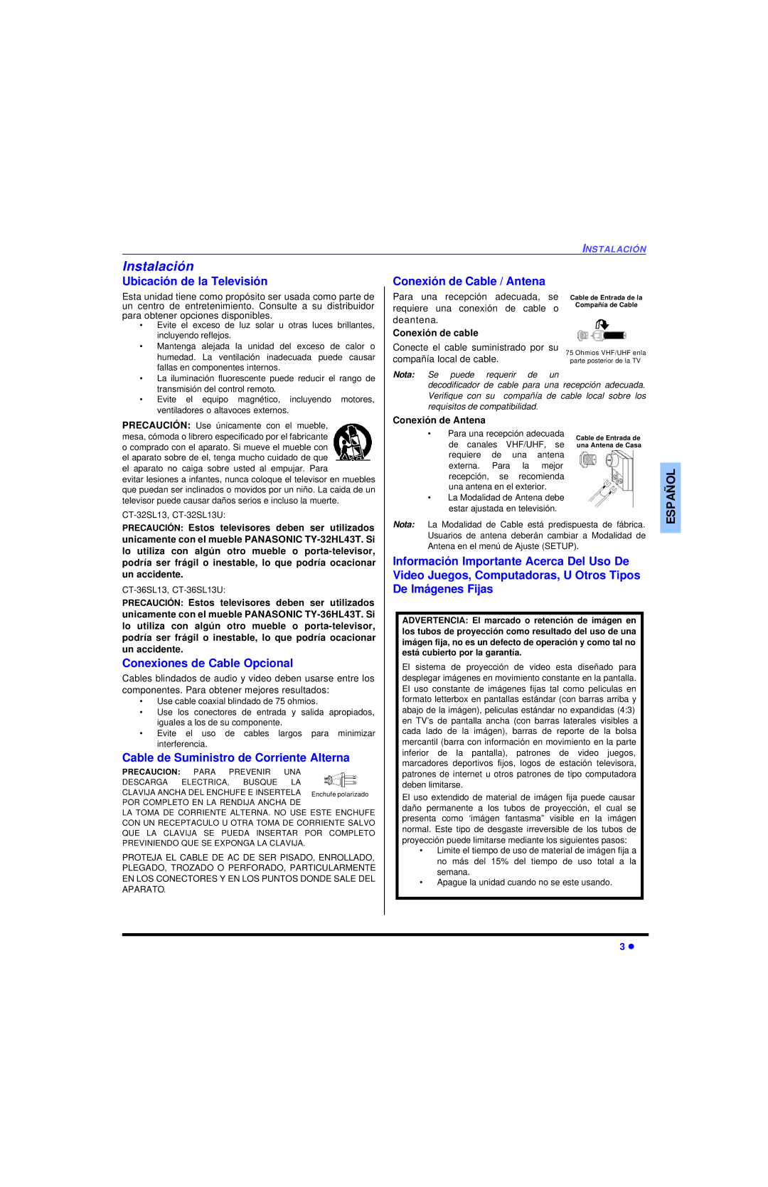 Panasonic CT 32SL13 Instalación, Ubicación de la Televisión, Conexión de Cable / Antena, Conexiones de Cable Opcional 