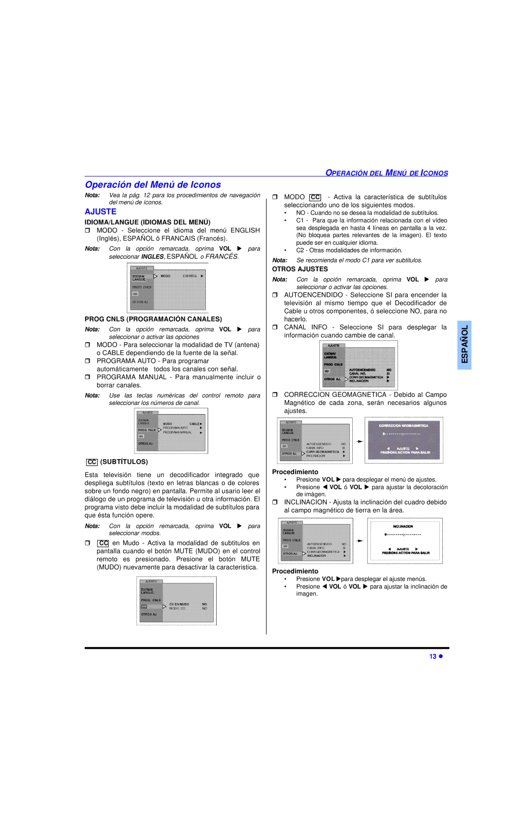 Panasonic CT-32SL13, CT-36SL13, CT-32SC13, CT-36SC13, CT-3653, CT 36SL13, CT 32SL13 Operación del Menú de Iconos, Ajuste 