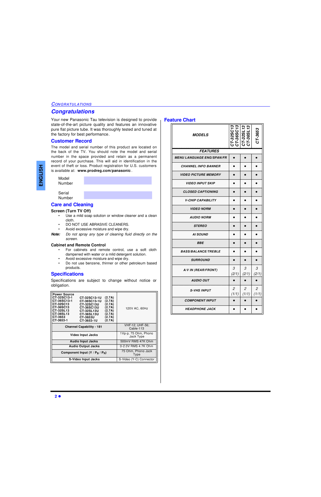 Panasonic CT 36SL13, CT 32SL13 Congratulations, Customer Record, Care and Cleaning, Specifications, Feature Chart 