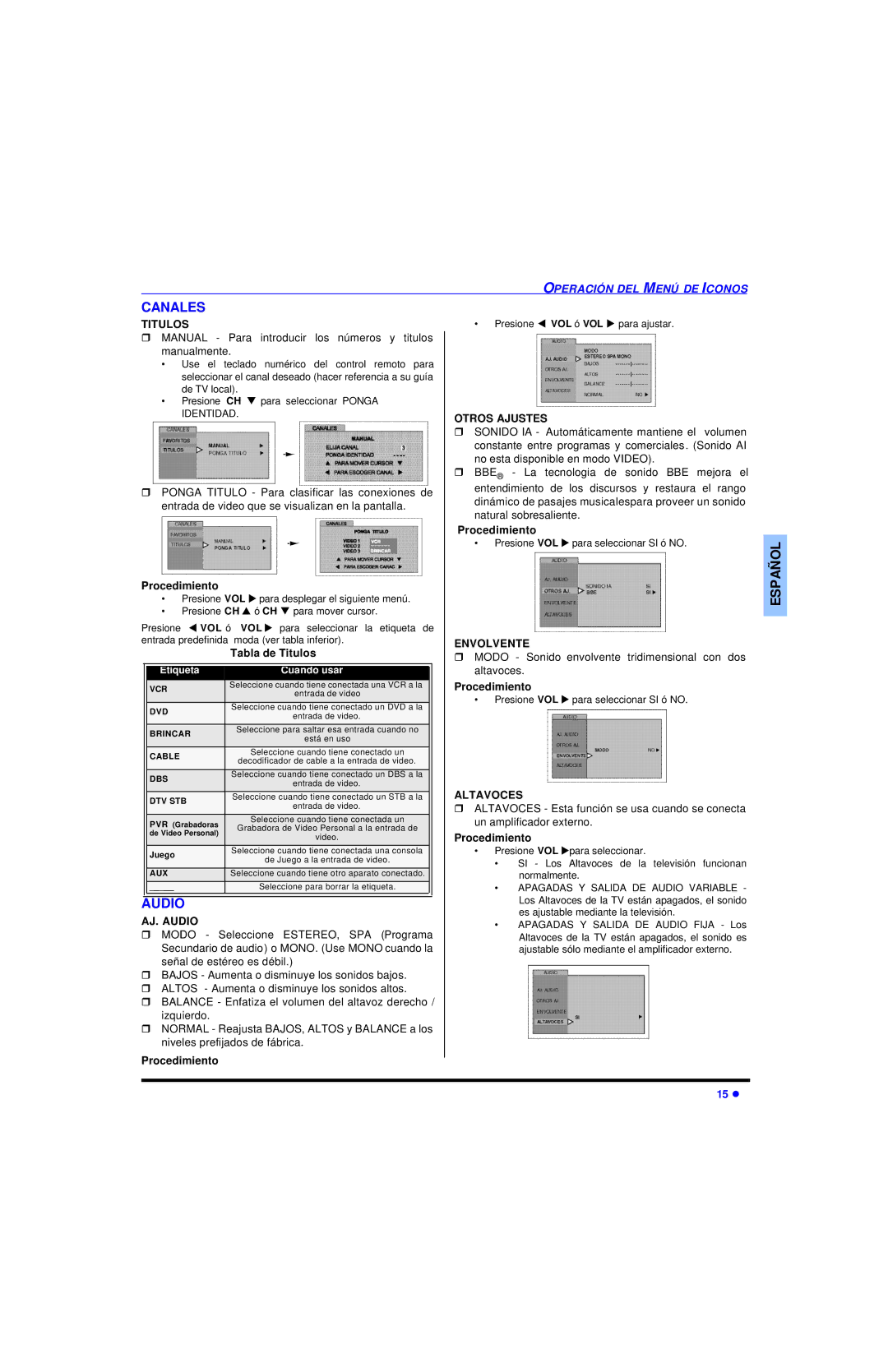 Panasonic CT 32SL13, CT 36SL13, CT 32SC13 manuel dutilisation Canales, Titulos, Envolvente, Altavoces, AJ. Audio 