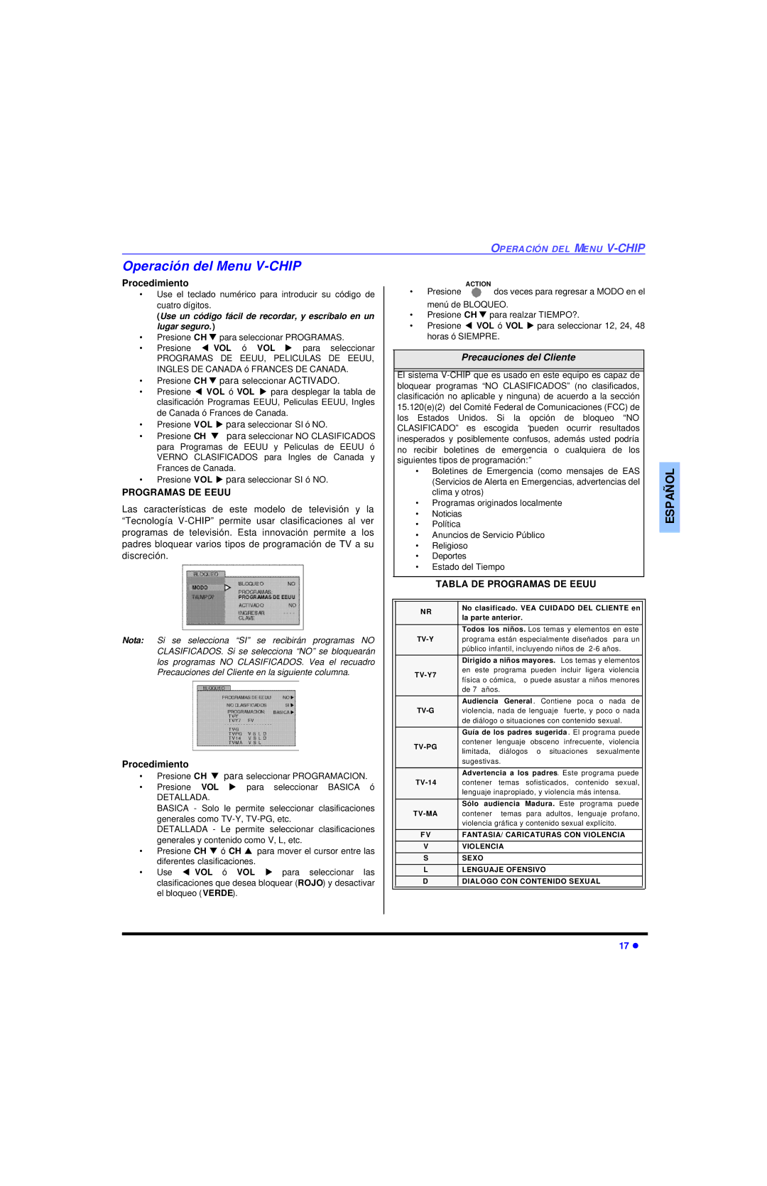 Panasonic CT-32SL13, CT-36SL13, CT-32SC13, CT-36SC13, CT-3653, CT 36SL13 Operación del Menu V-CHIP, Programas DE Eeuu 