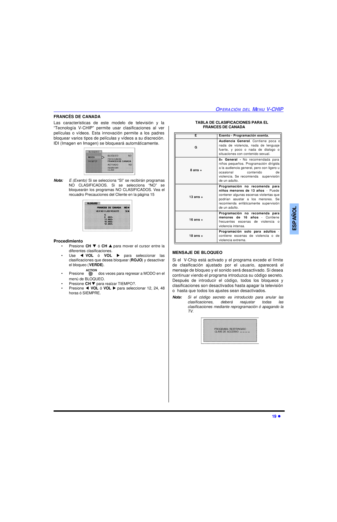 Panasonic CT 32SL13, CT 36SL13, CT 32SC13 manuel dutilisation Francés DE Canada, Mensaje DE Bloqueo 