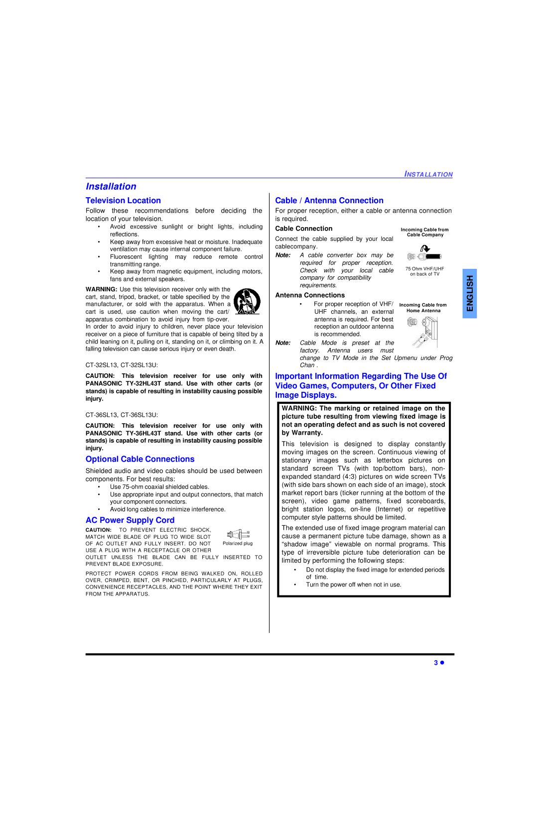 Panasonic CT 32SL13, CT 36SL13 Installation, Television Location, Optional Cable Connections, AC Power Supply Cord 