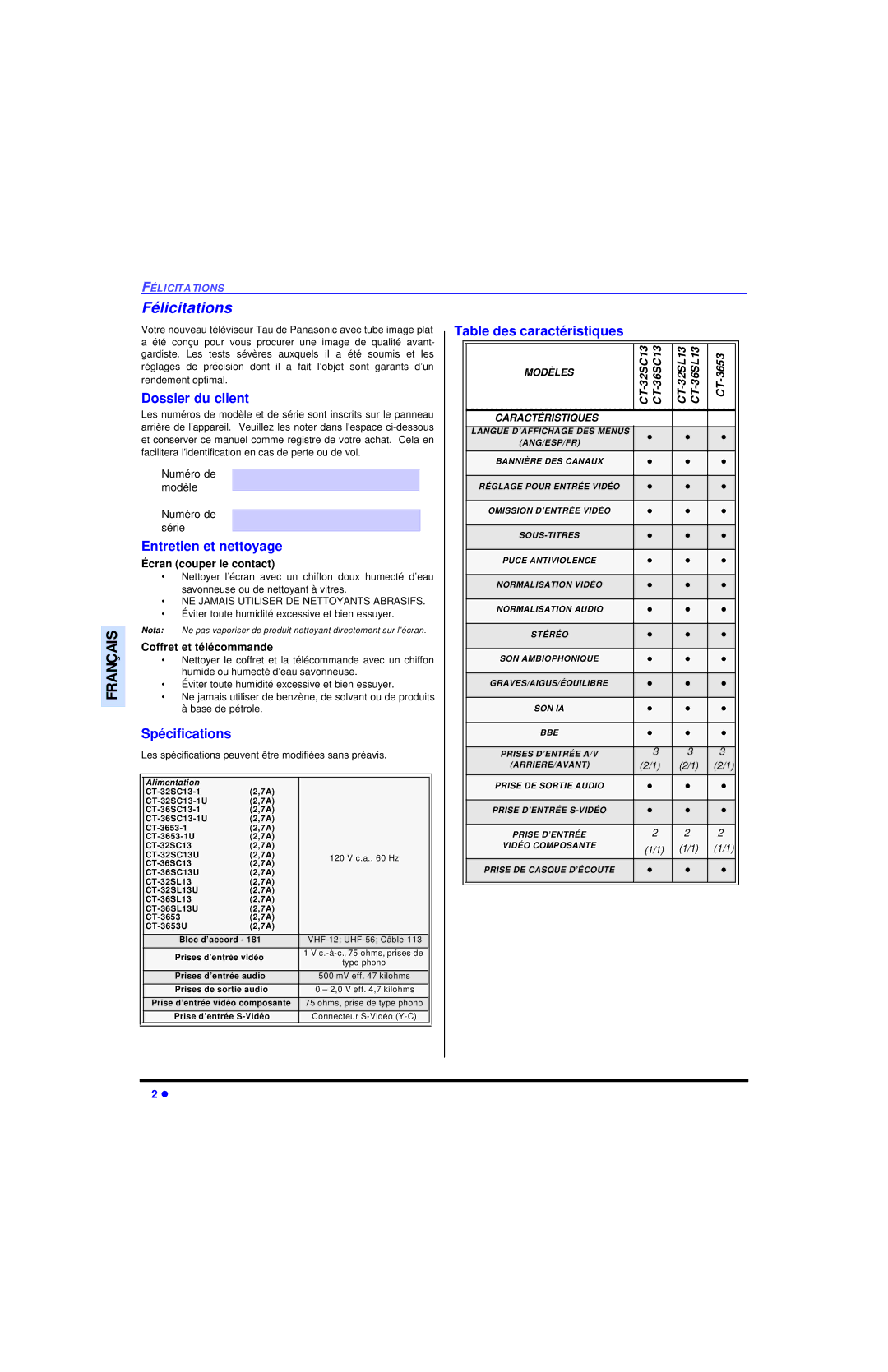 Panasonic CT 36SL13 Félicitations, Dossier du client, Entretien et nettoyage, Spécifications, Table des caractéristiques 