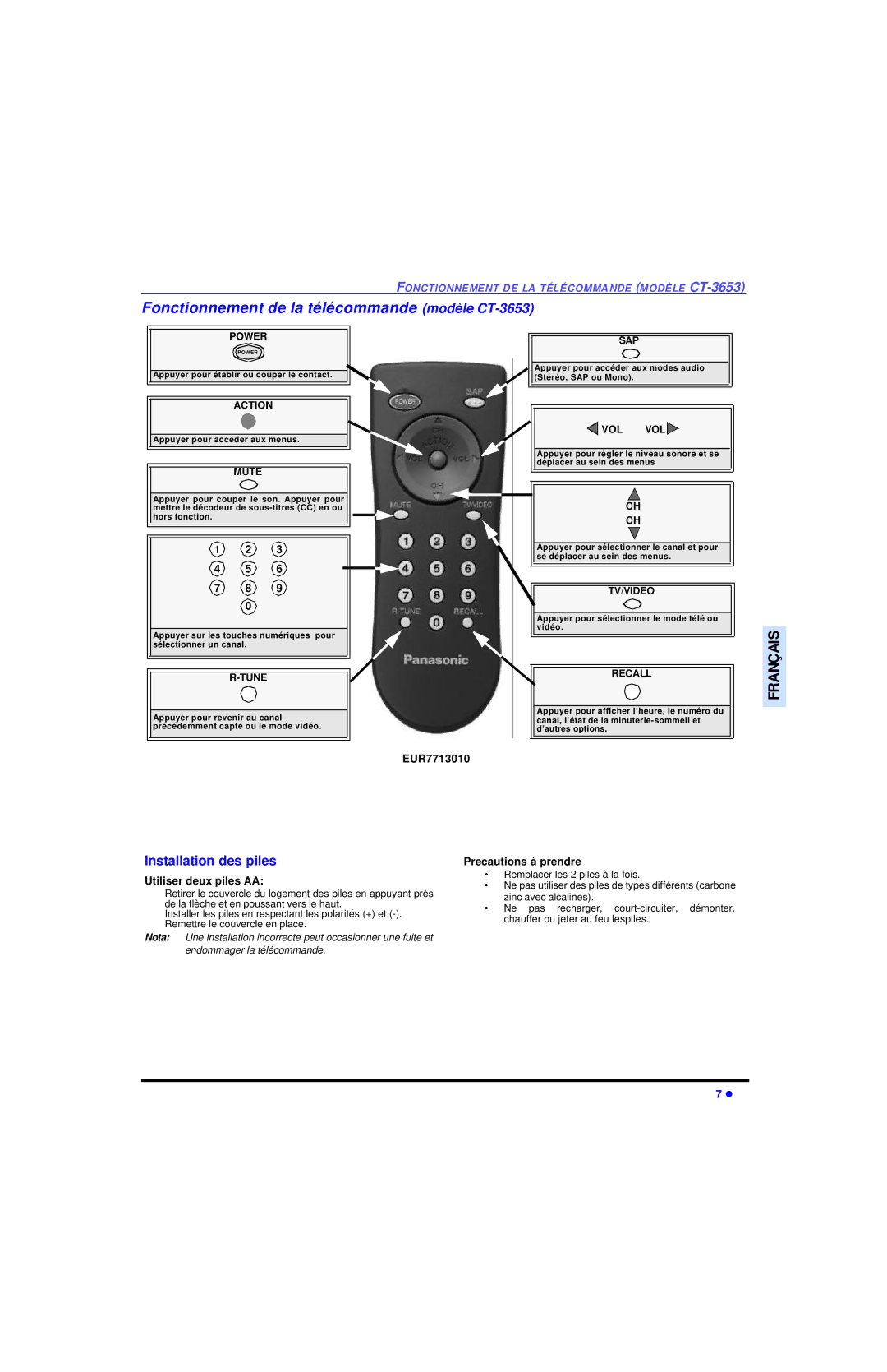 Panasonic CT 32SL13 Fonctionnement de la télécommande modèle CT-3653, Installation des piles, Utiliser deux piles AA 