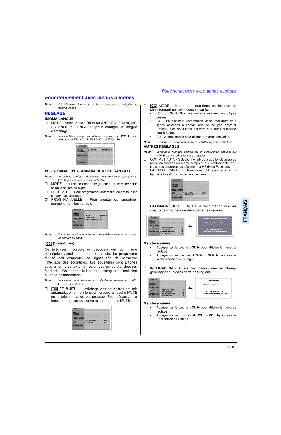 Panasonic CT-32SL13, CT-36SL13, CT-32SC13, CT-36SC13, CT-3653 Fonctionnement avec menus à icônes, Réglage, CC Sous-titres 