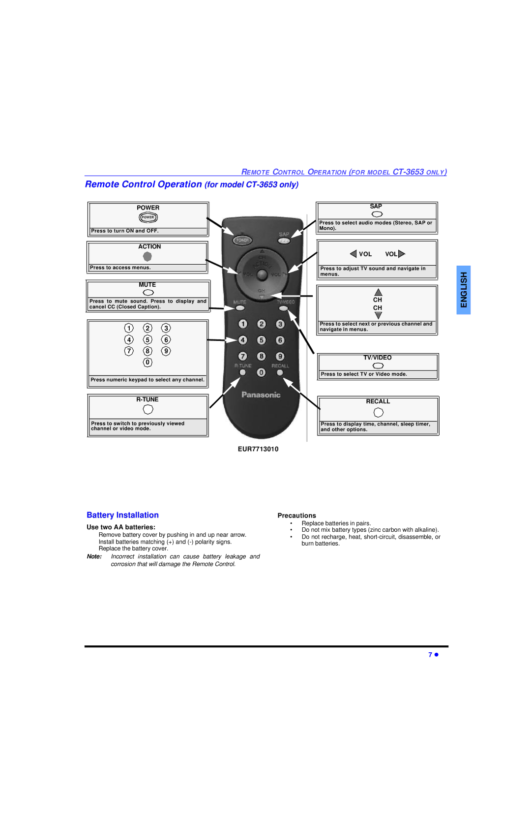 Panasonic CT 32SL13 Remote Control Operation for model CT-3653 only, Battery Installation, EUR7713010, Precautions 