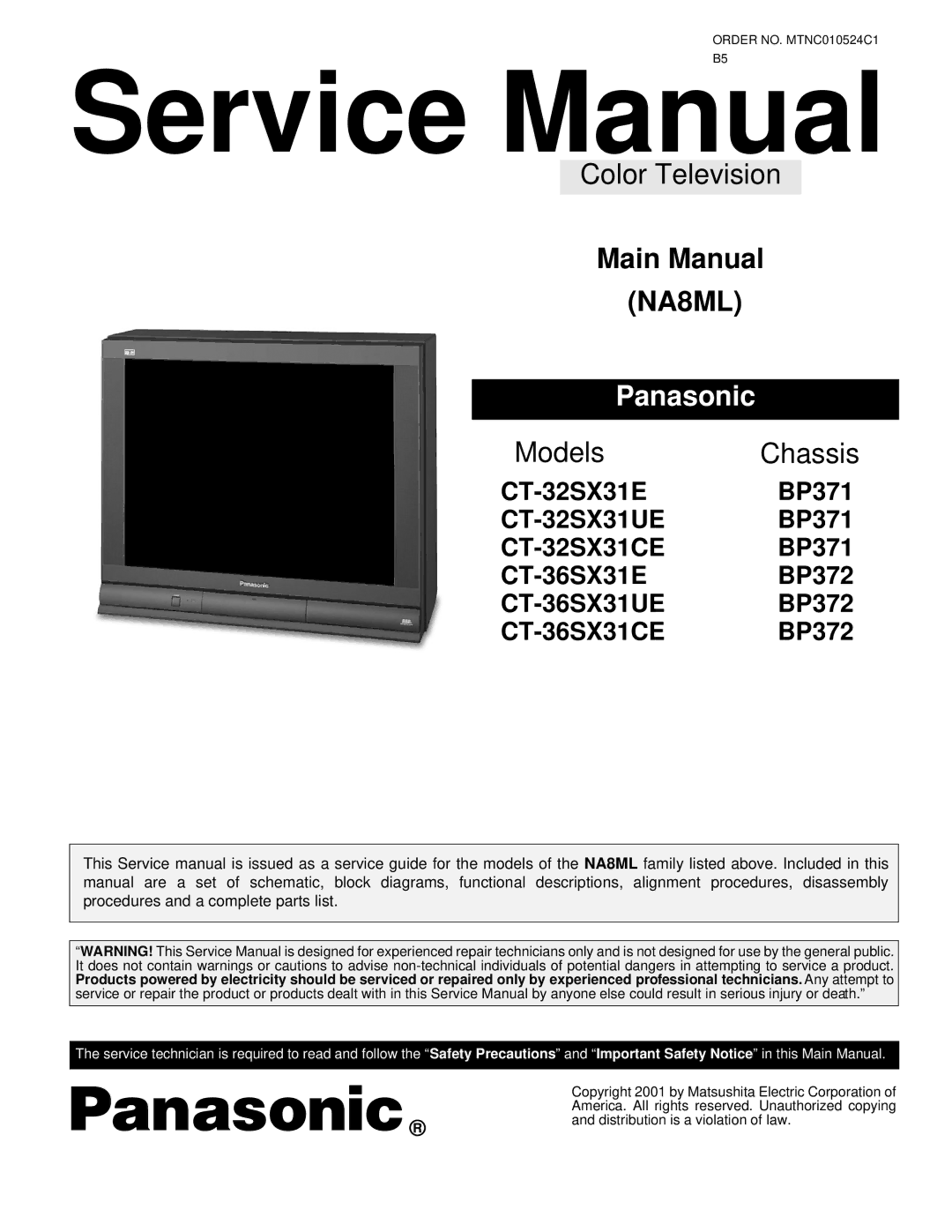 Panasonic CT-36SX31UE, CT-36SX31CE, CT-36SX31E, CT-32SX31E, CT-32SX31CE, CT-32SX31UE service manual Main Manual, NA8ML 