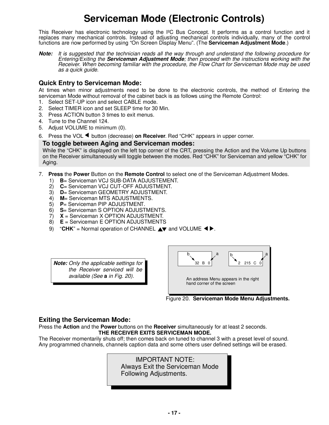 Panasonic CT-32SX31UE Serviceman Mode Electronic Controls, Quick Entry to Serviceman Mode, Exiting the Serviceman Mode 