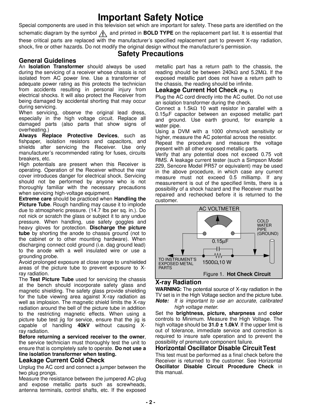 Panasonic CT-36SX31E, CT-36SX31CE, CT-36SX31UE, CT-32SX31E, CT-32SX31CE, CT-32SX31UE service manual Important Safety Notice 