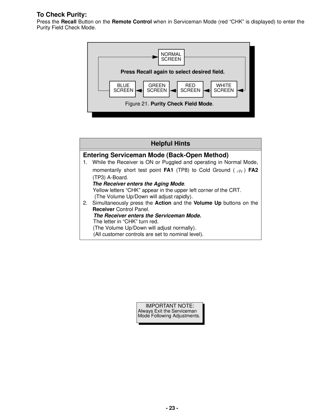 Panasonic CT-32SX31UE, CT-36SX31CE, CT-36SX31UE To Check Purity, Helpful Hints Entering Serviceman Mode Back-Open Method 