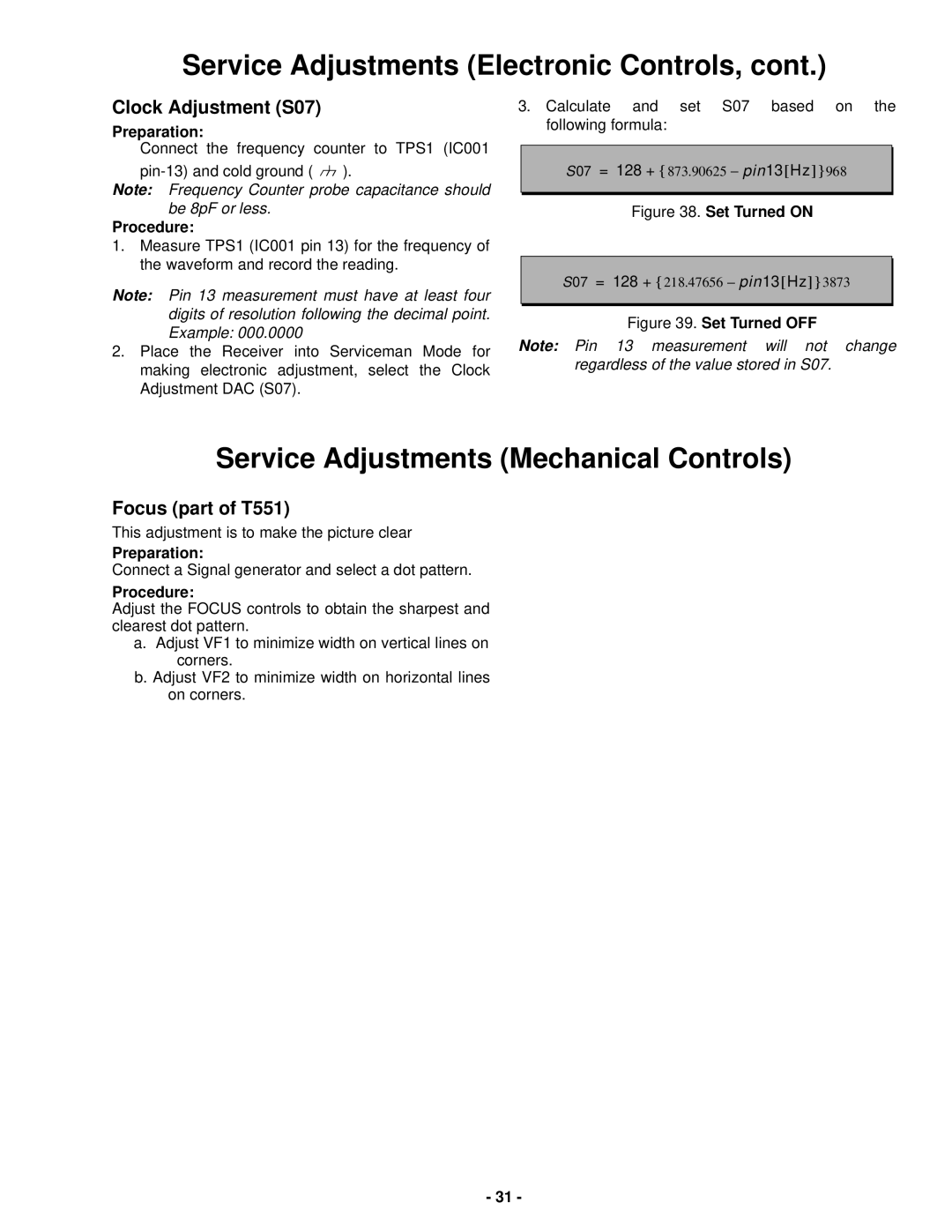 Panasonic CT-36SX31UE, CT-36SX31CE Service Adjustments Mechanical Controls, Clock Adjustment S07, Focus part of T551 