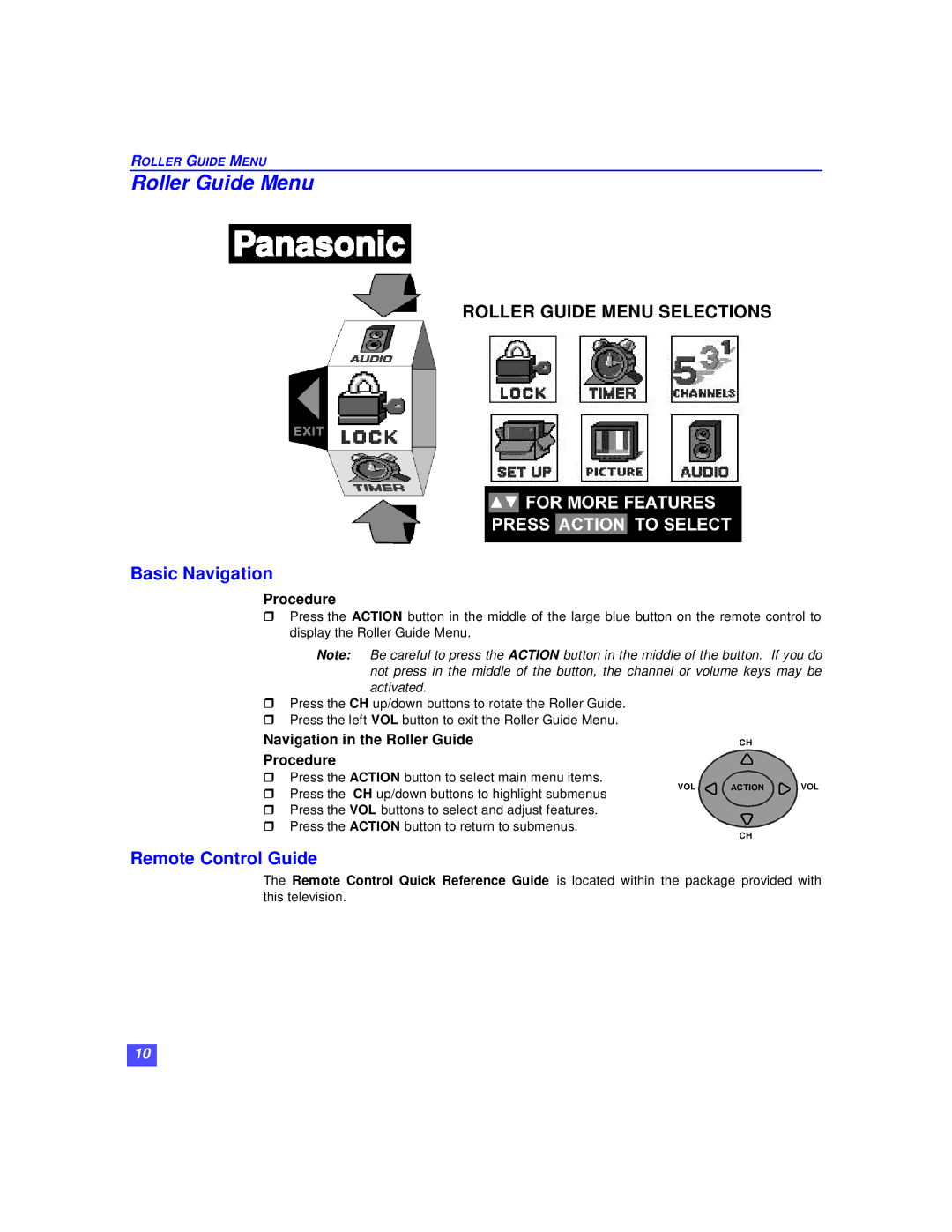 Panasonic CT-36XF36C Roller Guide Menu, Basic Navigation, Remote Control Guide, Navigation in the Roller Guide Procedure 