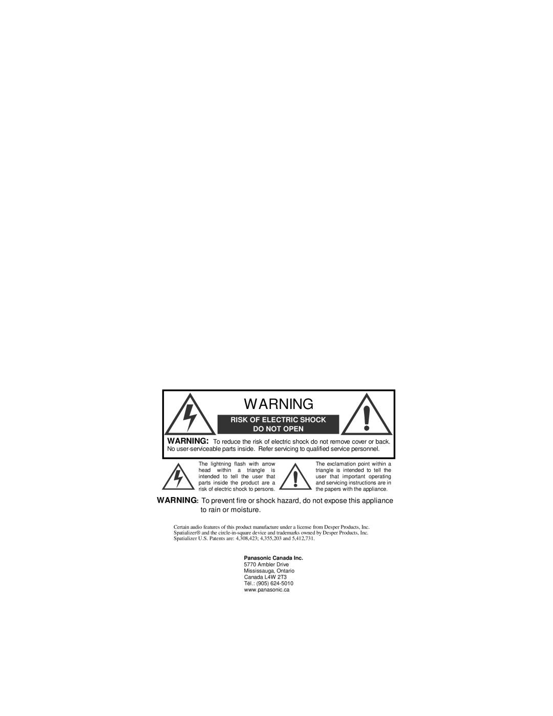 Panasonic CT-27XF36C, CT-36XF36C, CT-32XF36C manuel dutilisation Risk of Electric Shock Do not Open 