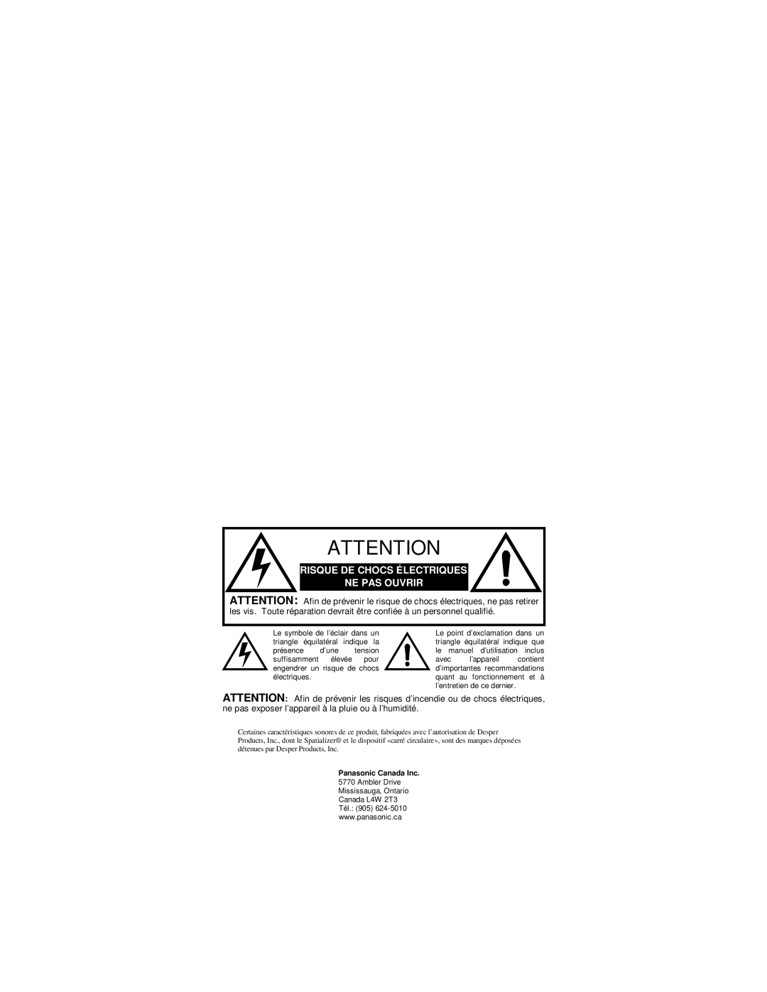 Panasonic CT-36XF36C, CT-32XF36C, CT-27XF36C manuel dutilisation Risque DE Chocs Électriques NE PAS Ouvrir 