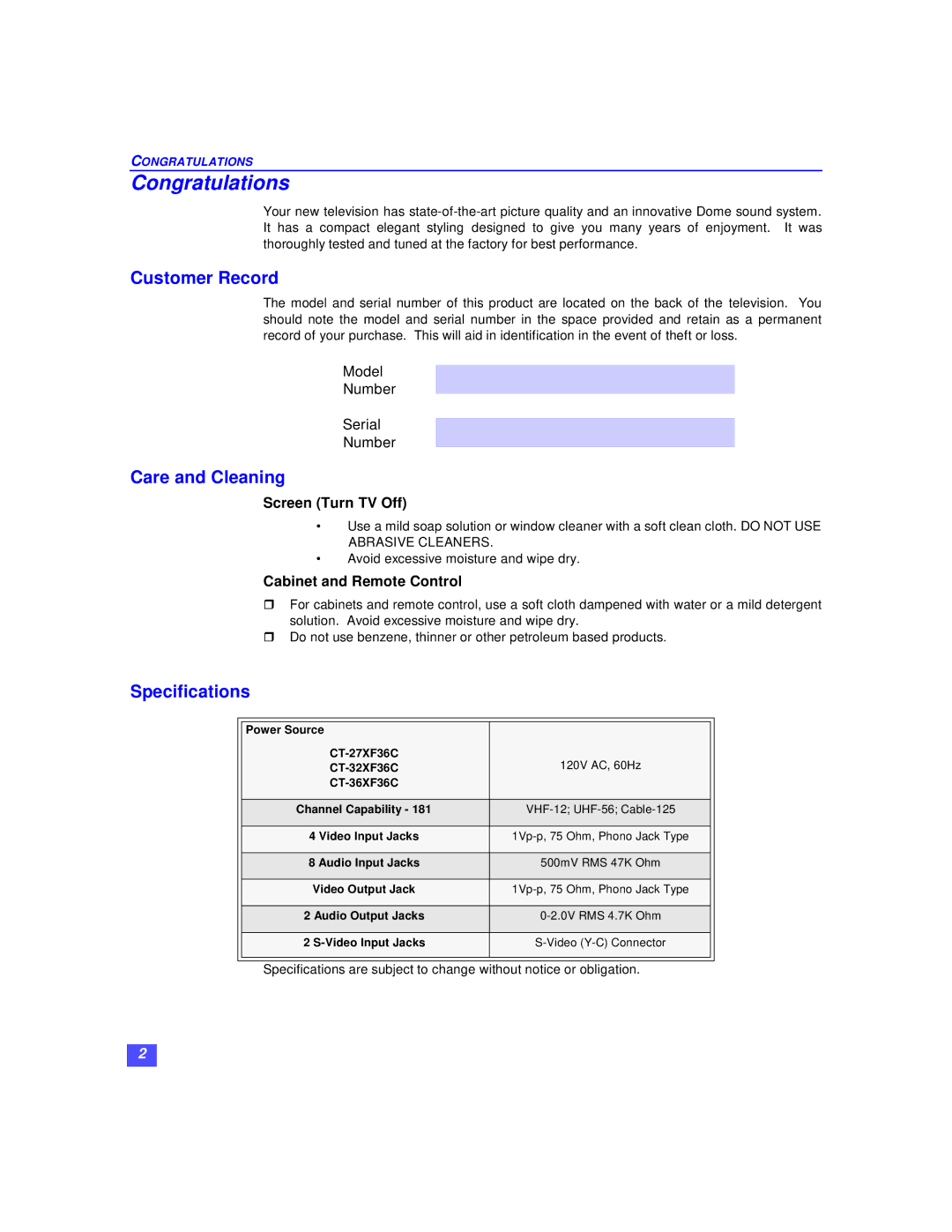 Panasonic CT-32XF36C, CT-36XF36C, CT-27XF36C Congratulations, Customer Record, Care and Cleaning, Specifications 