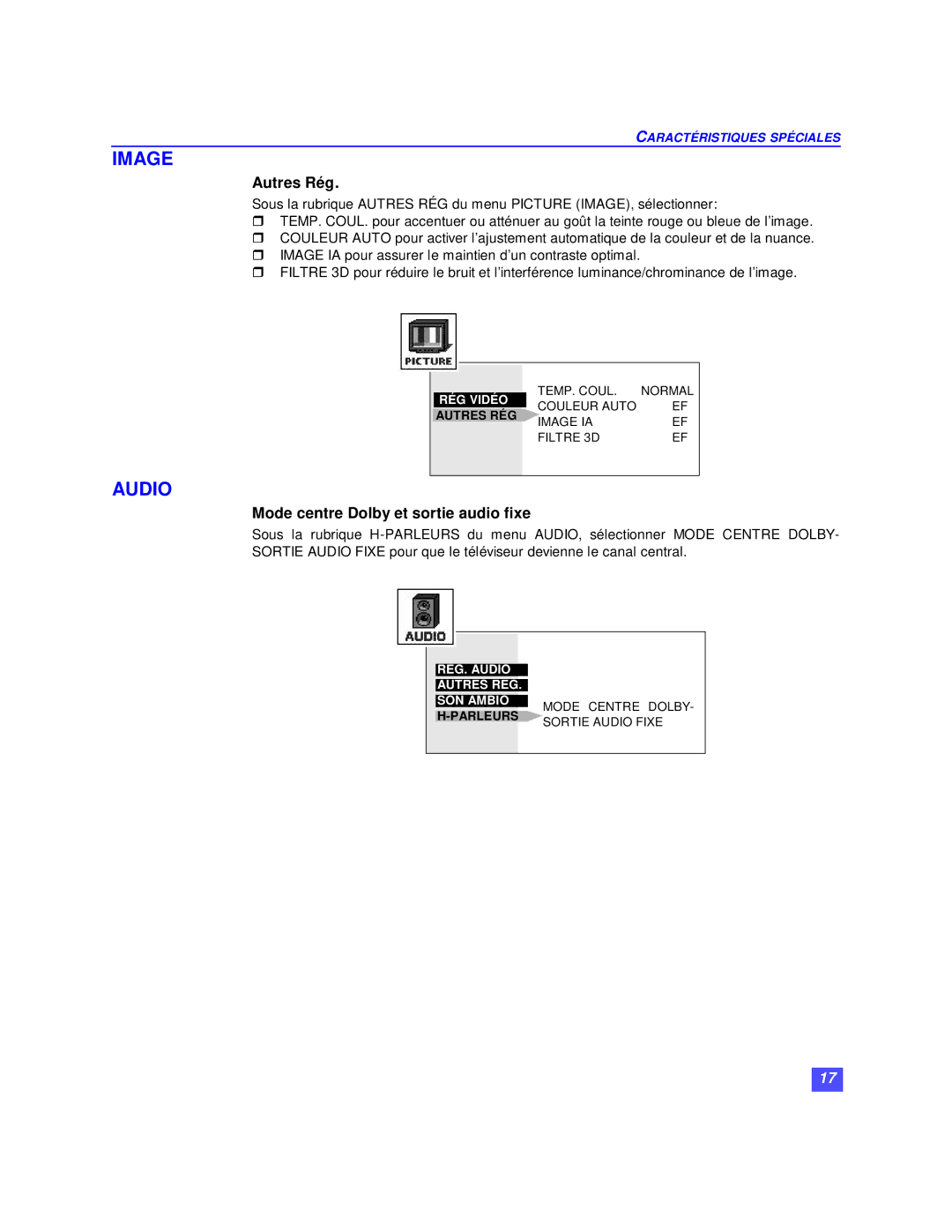 Panasonic CT-27XF36C, CT-36XF36C, CT-32XF36C manuel dutilisation Autres Rég, Mode centre Dolby et sortie audio fixe 