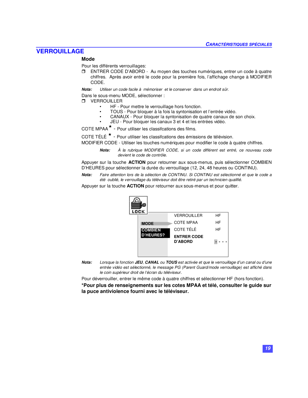 Panasonic CT-32XF36C, CT-36XF36C, CT-27XF36C manuel dutilisation Verrouillage, Mode 