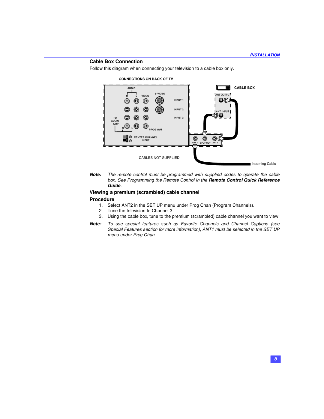 Panasonic CT-32XF36C, CT-36XF36C, CT-27XF36C Cable Box Connection, Viewing a premium scrambled cable channel Procedure 