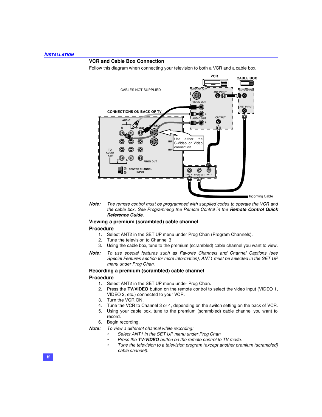 Panasonic CT-27XF36C, CT-36XF36C VCR and Cable Box Connection, Recording a premium scrambled cable channel Procedure 