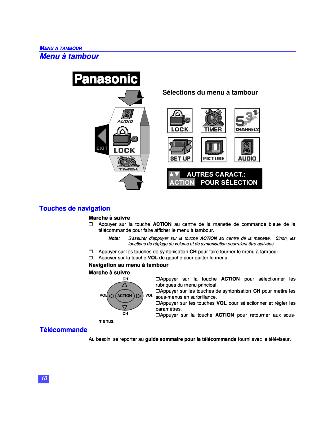 Panasonic CT-32XF36C Menu à tambour, Sélections du menu à tambour, Touches de navigation, Télécommande, Marche à suivre 