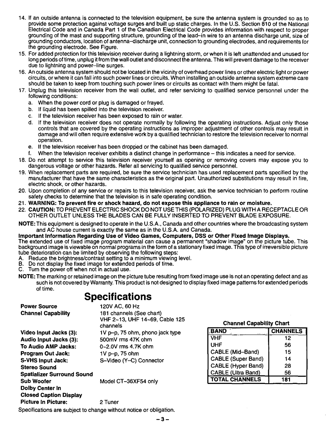 Panasonic CT-31XF44, CT-36XF54 manual 