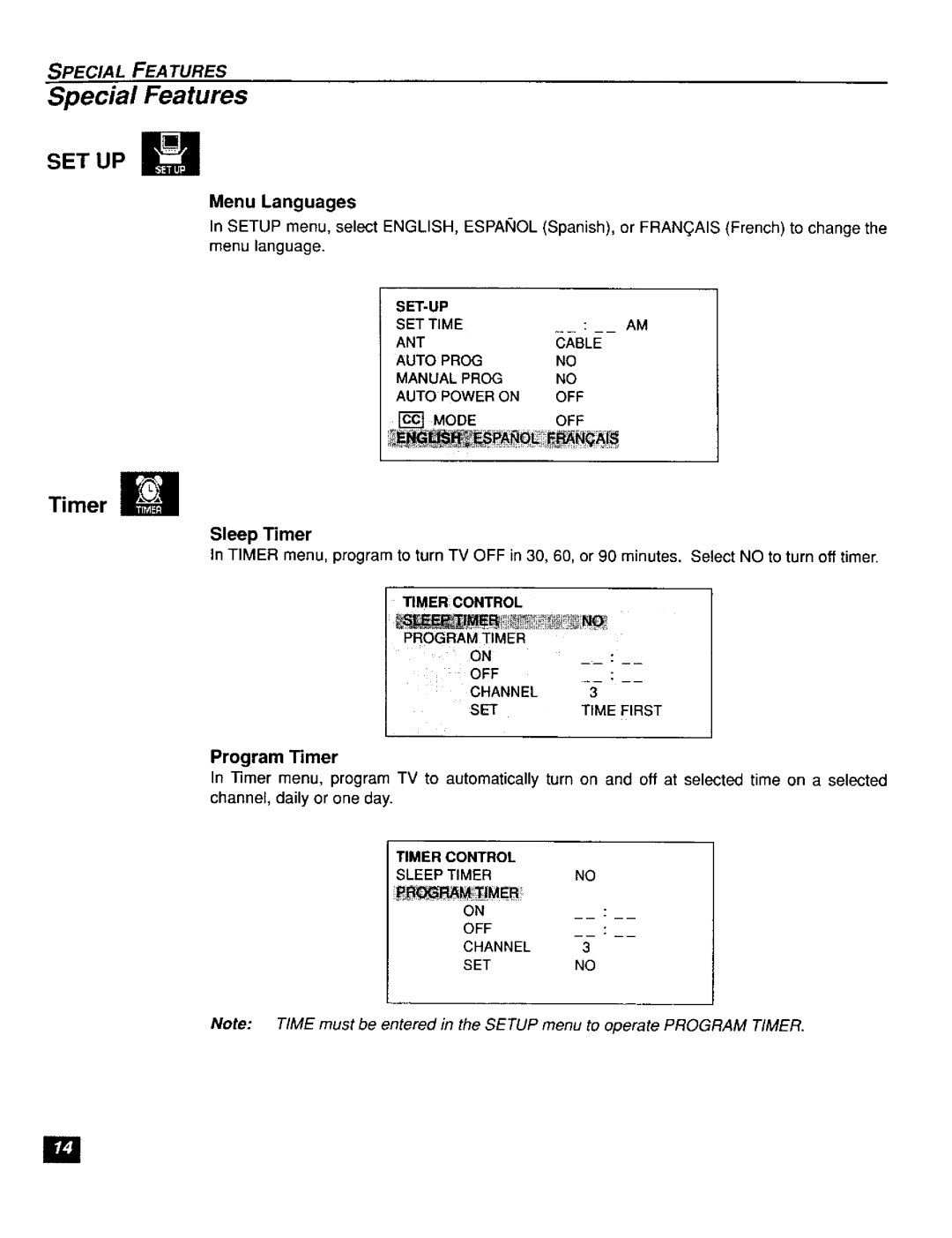 Panasonic CT-F2111X, CT-F2121L manual Special Features, Menu Languages, Program Timer 