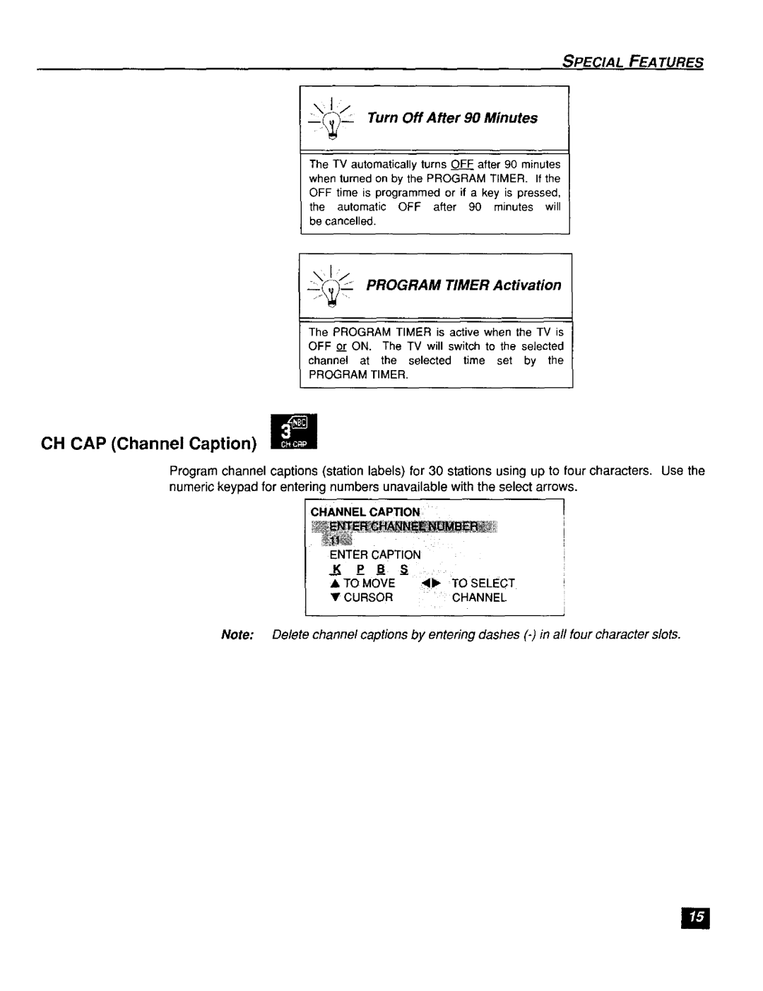 Panasonic CT-F2121L, CT-F2111X manual CH CAP Channel Caption, Turn Off After 90 Minutes 