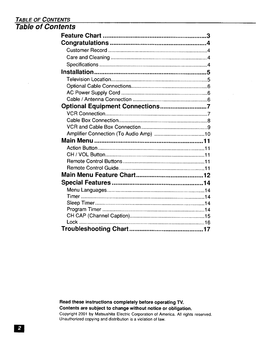 Panasonic CT-F2111X, CT-F2121L manual Table of Contents 