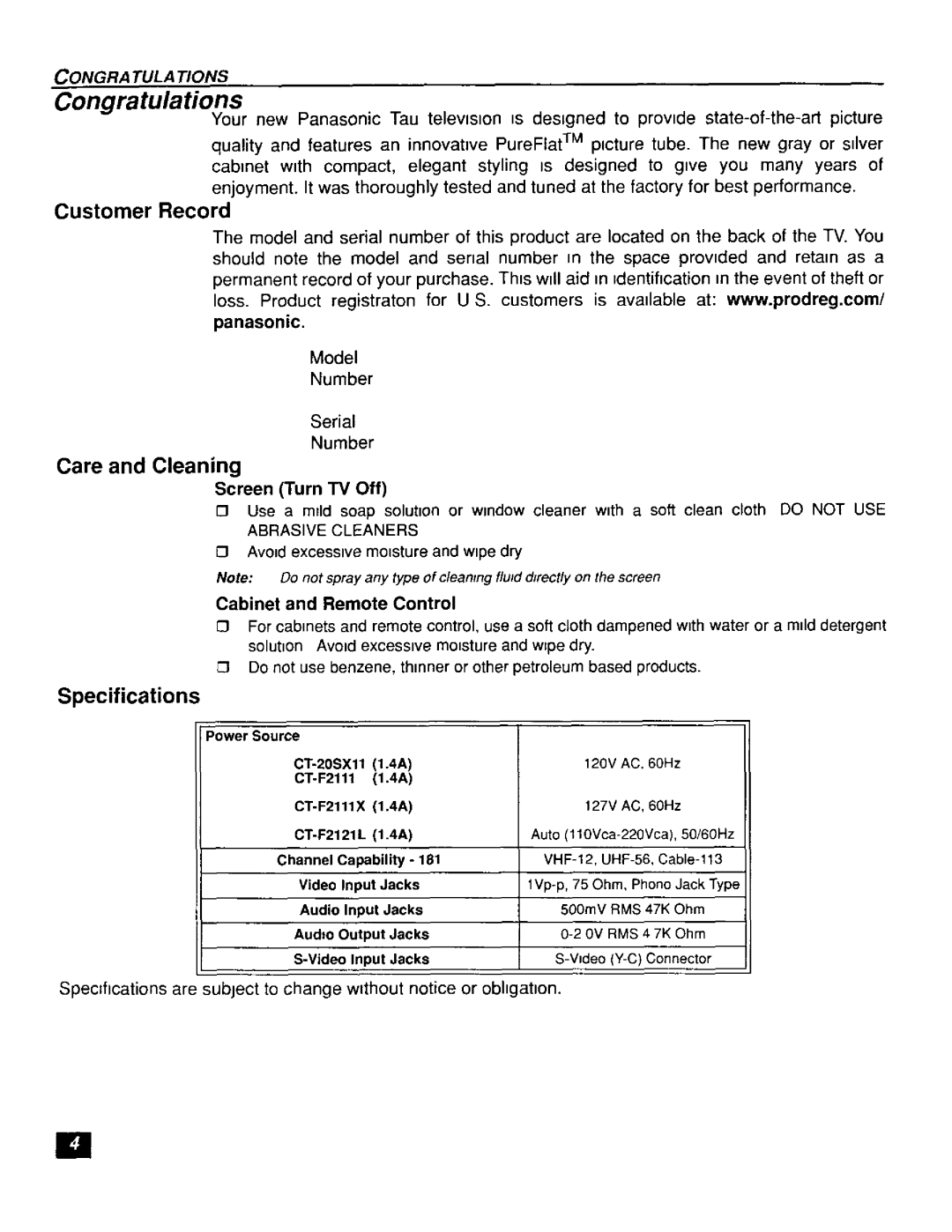 Panasonic CT-F2111X, CT-F2121L manual Congratulations, Customer Record, Care and Cleaning, Specifications 