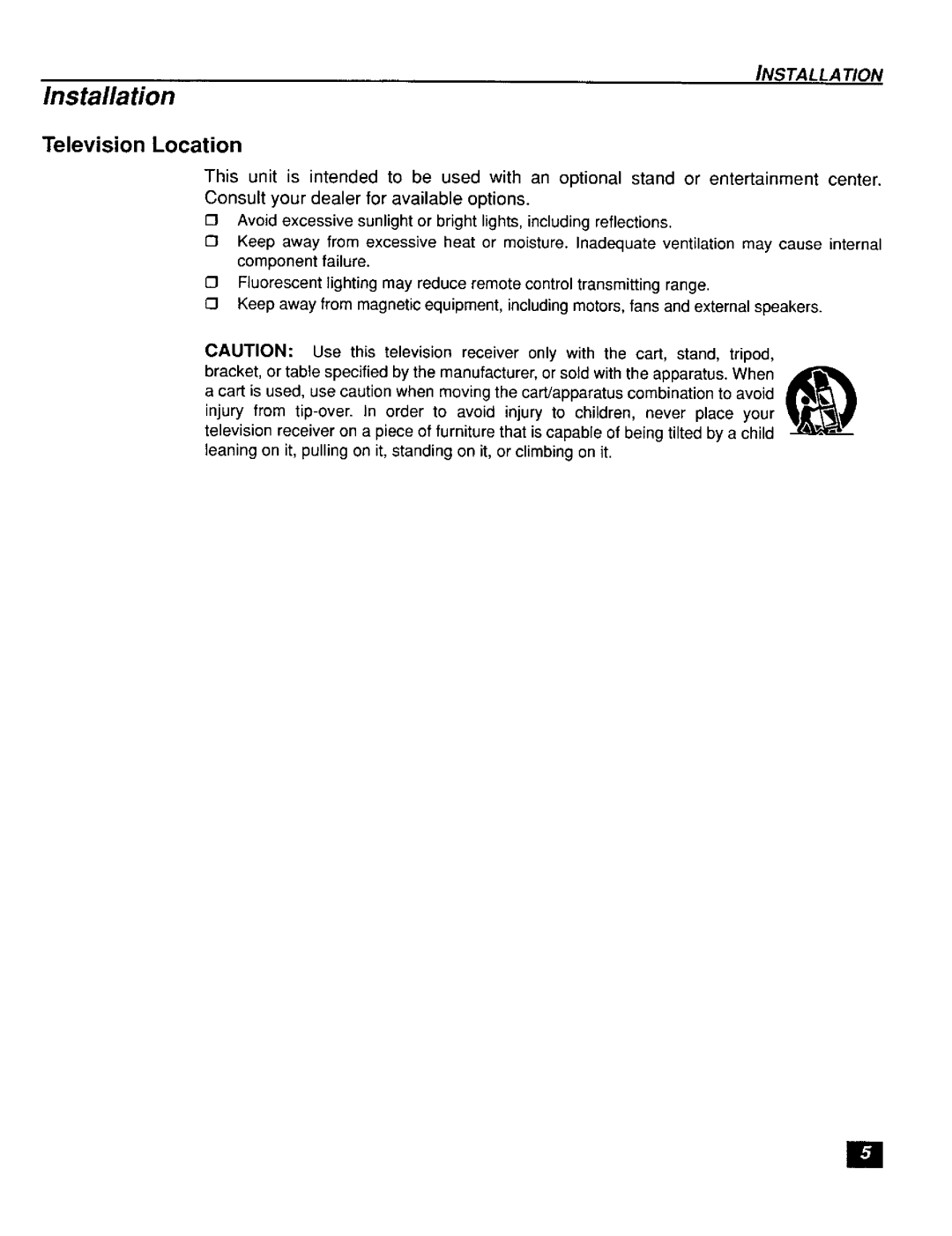 Panasonic CT-F2111X, CT-F2121L manual Installation, Television Location 